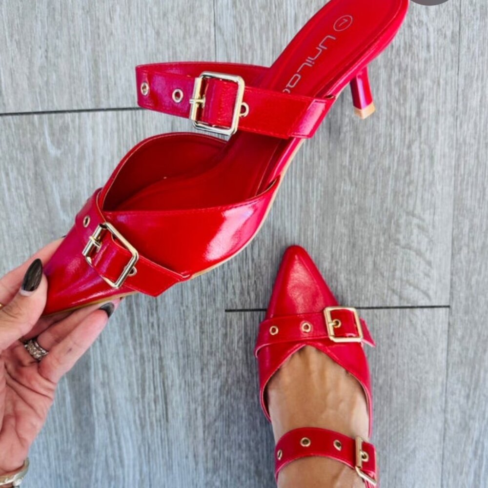 Red buckle up Kitten heel slip on slides/mules